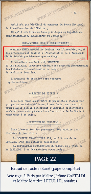 Extrait de l’acte notarié de vente (page 22), reçu à Paris par Maître Jérôme Gastaldi et Maître Maurice Letulle, notaires