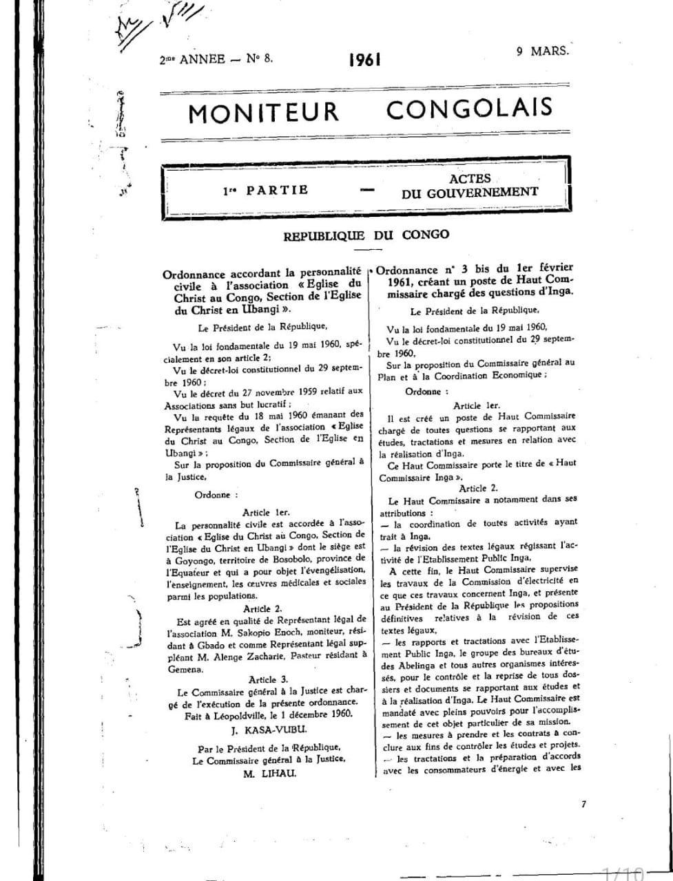 Moniteur congolais nº 8 du 9 mars 1961, page 63 — Ordonnance nº 3 bis créant le Haut-Commissariat Inga